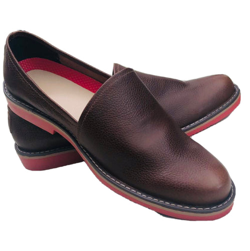 * Leather Footwear - Slip On Shoes - Brown w/ Red Soles